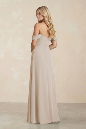 Off - the - Shoulder Corset Sheath Chiffon Bridesmaid Dress in Frost - SHE IS ME Bridesmaid Dresses