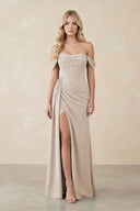 Off - the - Shoulder Corset Sheath Chiffon Bridesmaid Dress in Frost - SHE IS ME Bridesmaid Dresses