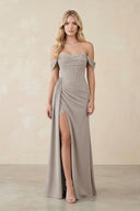 Off-the-Shoulder Corset Sheath Chiffon Bridesmaid Dress in Frost | KISSBRIDAL