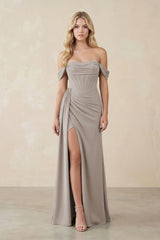Off-the-Shoulder Corset Sheath Chiffon Bridesmaid Dress in Frost | KISSBRIDAL