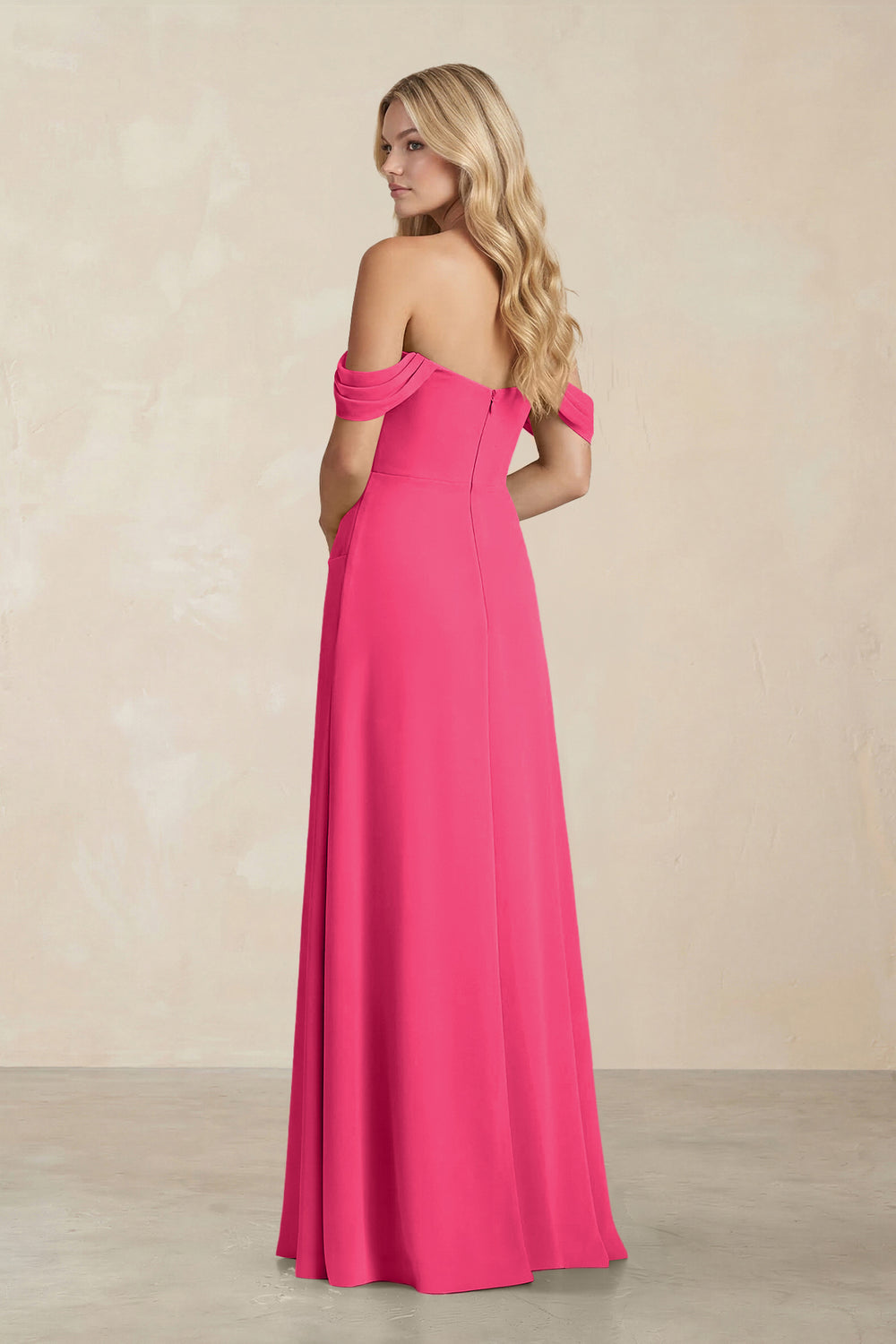 Off-the-Shoulder Corset Sheath Chiffon Bridesmaid Dress in Fuchsia