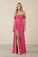 Off - the - Shoulder Corset Sheath Chiffon Bridesmaid Dress in Fuchsia - SHE IS ME Bridesmaid Dresses