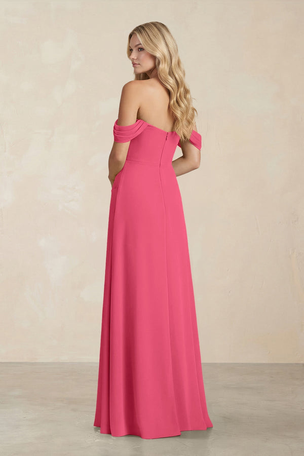 Off - the - Shoulder Corset Sheath Chiffon Bridesmaid Dress in Fuchsia - SHE IS ME Bridesmaid Dresses