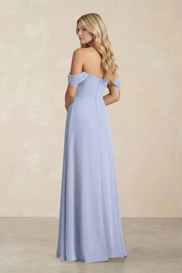 Off-the-Shoulder Corset Sheath Chiffon Bridesmaid Dress in Ice (2) | KISSBRIDAL