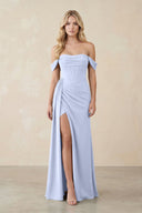 Off - the - Shoulder Corset Sheath Chiffon Bridesmaid Dress in Ice - SHE IS ME Bridesmaid Dresses