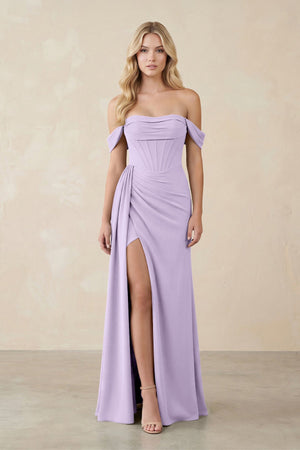 Off - the - Shoulder Corset Sheath Chiffon Bridesmaid Dress in Lavender - SHE IS ME Bridesmaid Dresses