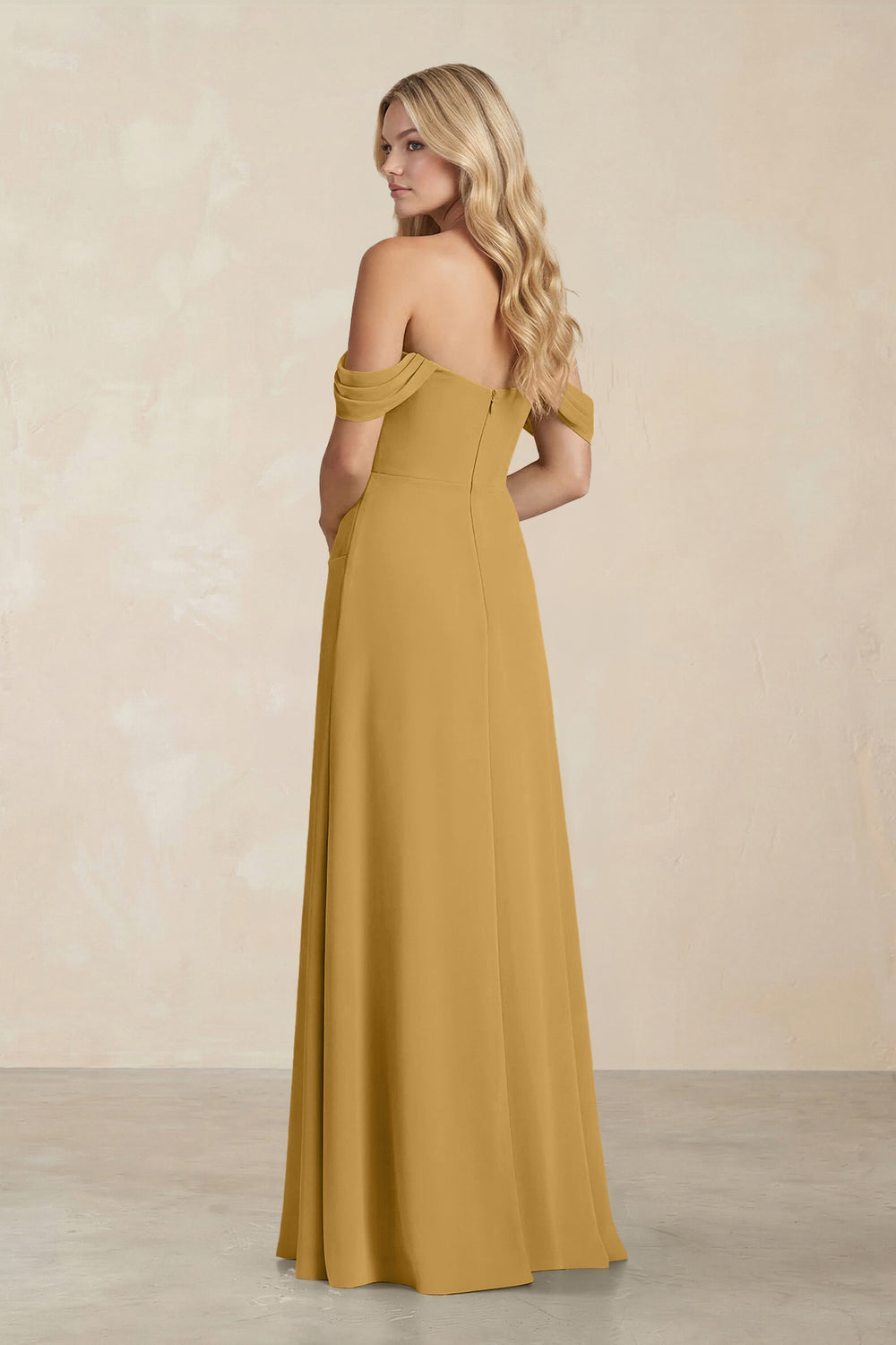 Off-the-Shoulder Corset Sheath Chiffon Bridesmaid Dress in Marigold