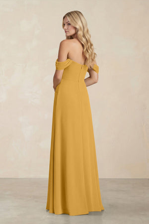 Off - the - Shoulder Corset Sheath Chiffon Bridesmaid Dress in Marigold - SHE IS ME Bridesmaid Dresses
