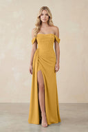 Off - the - Shoulder Corset Sheath Chiffon Bridesmaid Dress in Marigold - SHE IS ME Bridesmaid Dresses