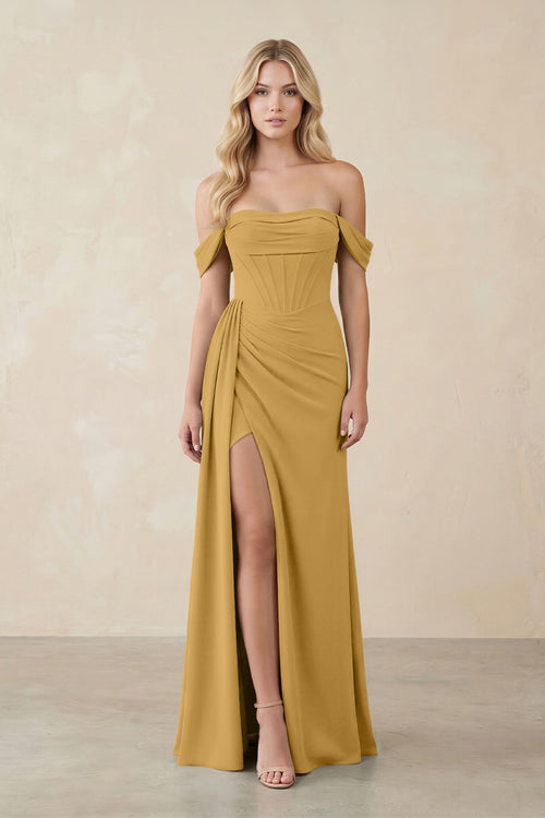 Off-the-Shoulder Corset Sheath Chiffon Bridesmaid Dress in Marigold | KISSBRIDAL