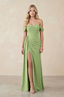 Off - the - Shoulder Corset Sheath Chiffon Bridesmaid Dress in Matcha - SHE IS ME Bridesmaid Dresses
