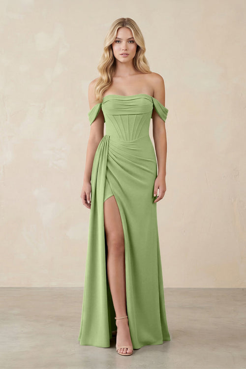 Off - the - Shoulder Corset Sheath Chiffon Bridesmaid Dress in Matcha - SHE IS ME Bridesmaid Dresses