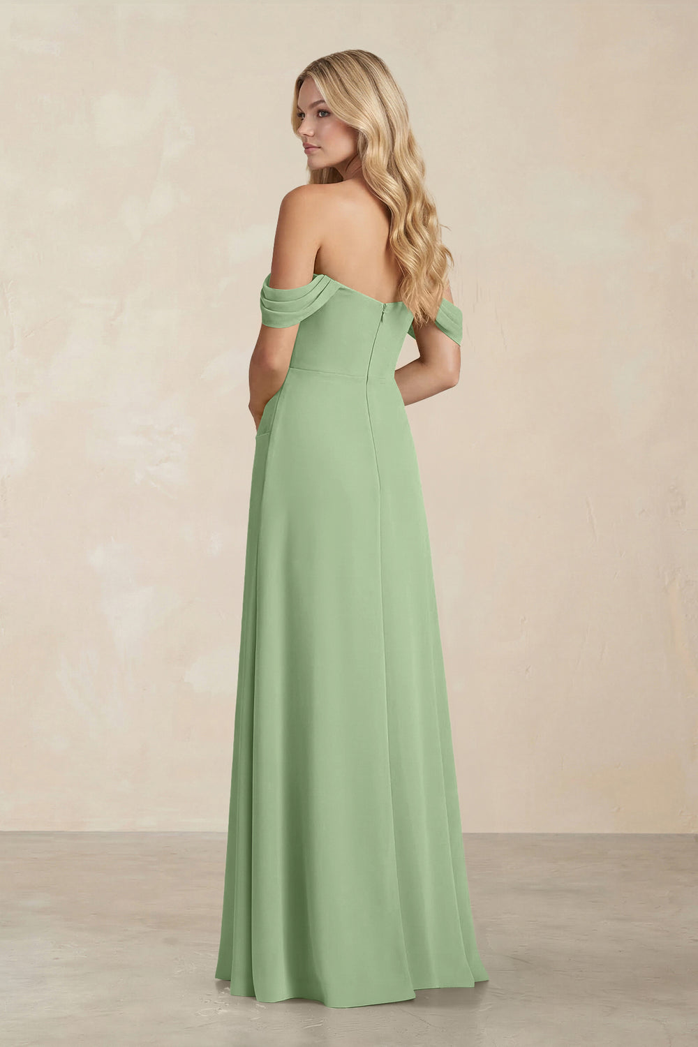 Off-the-Shoulder Corset Sheath Chiffon Bridesmaid Dress in Matcha