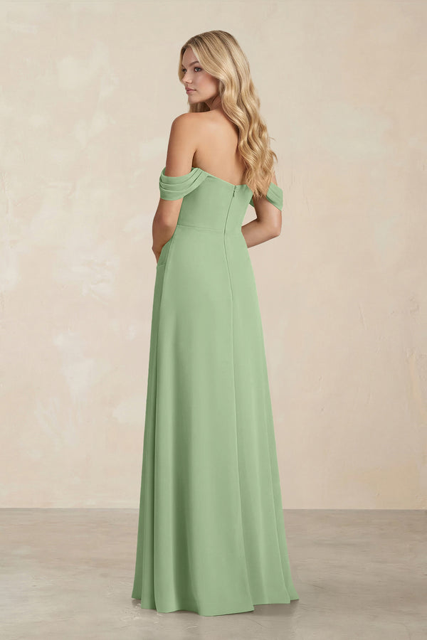 Off-the-Shoulder Corset Sheath Chiffon Bridesmaid Dress in Matcha (2) | KISSBRIDAL