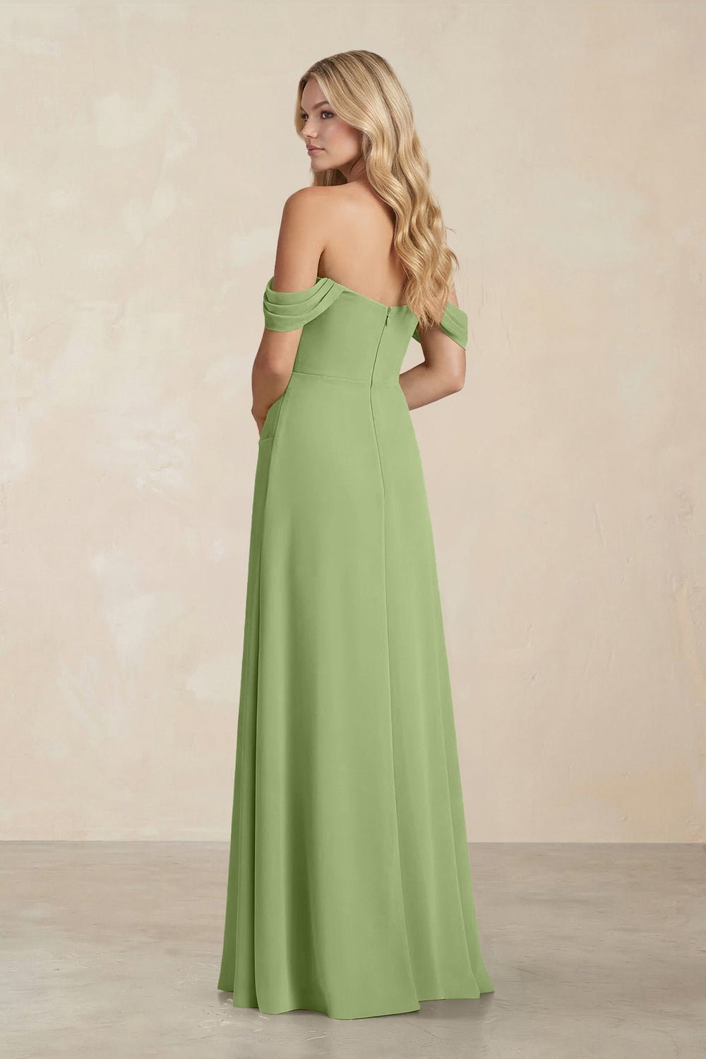 Off - the - Shoulder Corset Sheath Chiffon Bridesmaid Dress in Matcha - KISS BRIDAL Bridesmaid Dresses