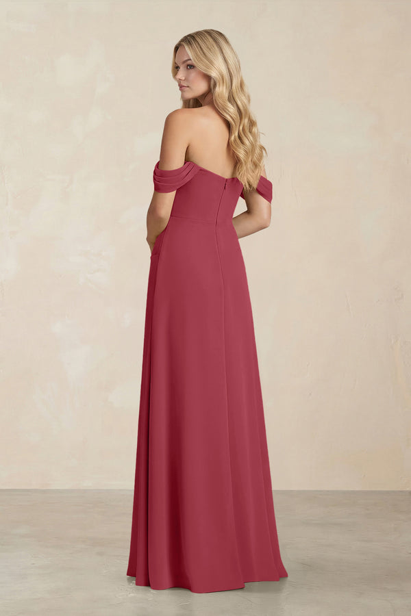 Off-the-Shoulder Corset Sheath Chiffon Bridesmaid Dress in Merlot (2) | KISSBRIDAL