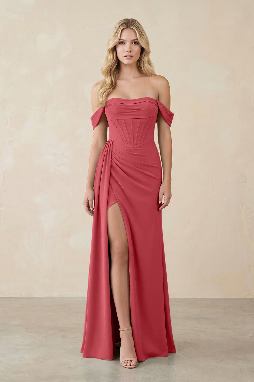 Off - the - Shoulder Corset Sheath Chiffon Bridesmaid Dress in Merlot - KISS BRIDAL Bridesmaid Dresses