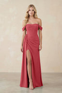 Off - the - Shoulder Corset Sheath Chiffon Bridesmaid Dress in Merlot - SHE IS ME Bridesmaid Dresses