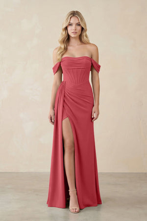 Off - the - Shoulder Corset Sheath Chiffon Bridesmaid Dress in Merlot - SHE IS ME Bridesmaid Dresses