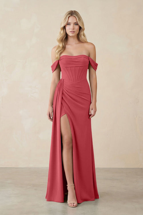 Off - the - Shoulder Corset Sheath Chiffon Bridesmaid Dress in Merlot - SHE IS ME Bridesmaid Dresses