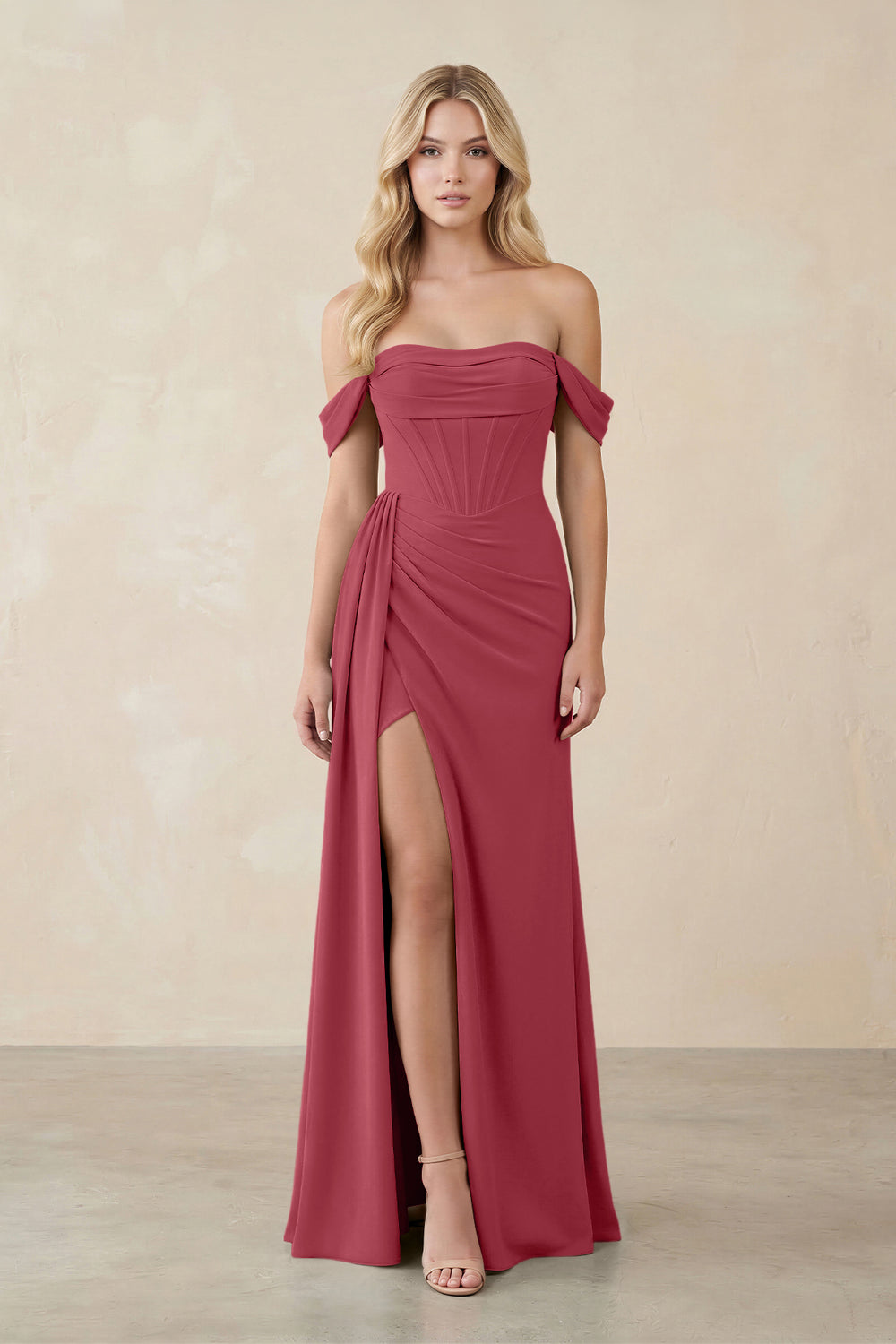Off-the-Shoulder Corset Sheath Chiffon Bridesmaid Dress in Merlot