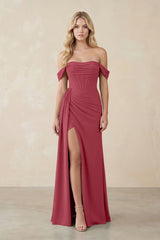 Off-the-Shoulder Corset Sheath Chiffon Bridesmaid Dress in Merlot | KISSBRIDAL