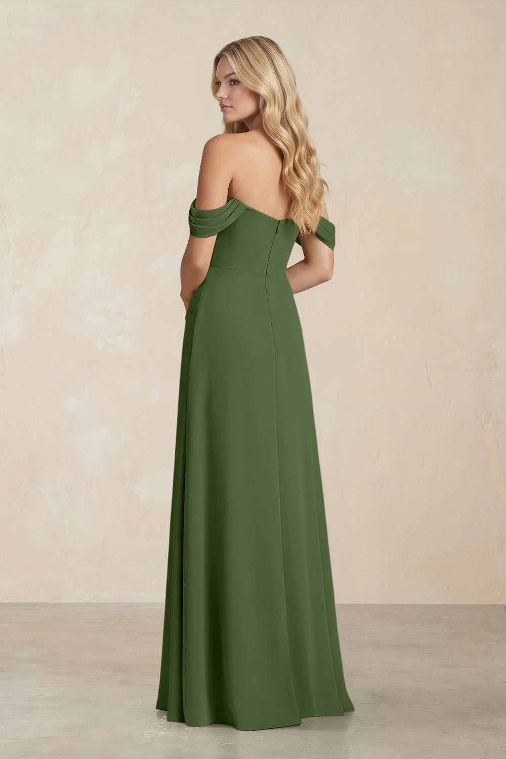 Off-the-Shoulder Corset Sheath Chiffon Bridesmaid Dress in Moss