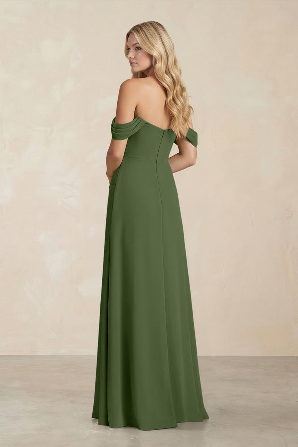 Off-the-Shoulder Corset Sheath Chiffon Bridesmaid Dress in Moss (2) | KISSBRIDAL
