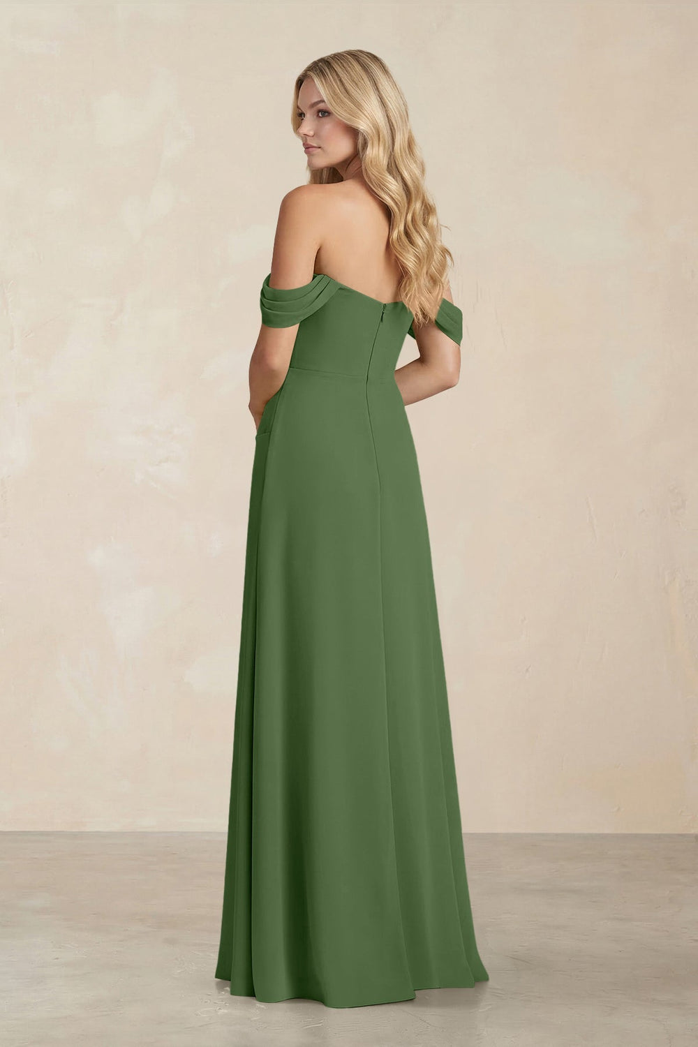 Off - the - Shoulder Corset Sheath Chiffon Bridesmaid Dress in Moss - KISS BRIDAL Bridesmaid Dresses