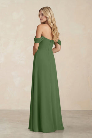 Off - the - Shoulder Corset Sheath Chiffon Bridesmaid Dress in Moss - SHE IS ME Bridesmaid Dresses