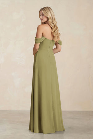 Off-the-Shoulder Corset Sheath Chiffon Bridesmaid Dress in Moss Green (2) | KISSBRIDAL