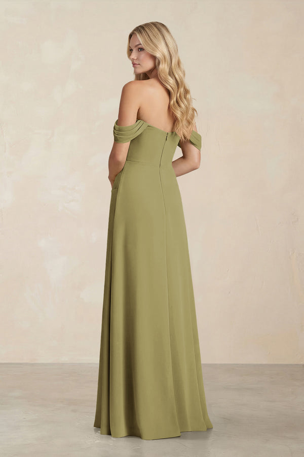 Off-the-Shoulder Corset Sheath Chiffon Bridesmaid Dress in Moss Green (2) | KISSBRIDAL
