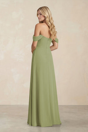 Off - the - Shoulder Corset Sheath Chiffon Bridesmaid Dress in Moss Green - SHE IS ME Bridesmaid Dresses