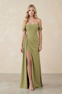 Off-the-Shoulder Corset Sheath Chiffon Bridesmaid Dress in Moss Green | KISSBRIDAL