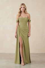 Off-the-Shoulder Corset Sheath Chiffon Bridesmaid Dress in Moss Green | KISSBRIDAL