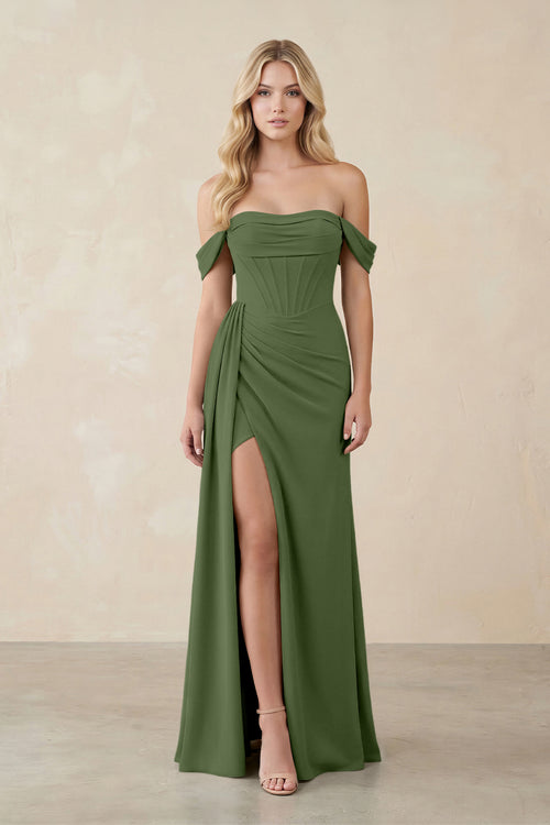 Off-the-Shoulder Corset Sheath Chiffon Bridesmaid Dress in Moss | KISSBRIDAL
