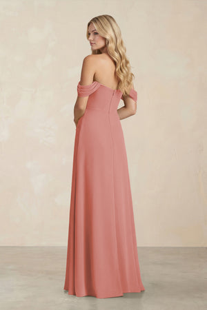 Off-the-Shoulder Corset Sheath Chiffon Bridesmaid Dress in Mulberry (2) | KISSBRIDAL