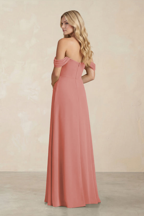 Off-the-Shoulder Corset Sheath Chiffon Bridesmaid Dress in Mulberry (2) | KISSBRIDAL