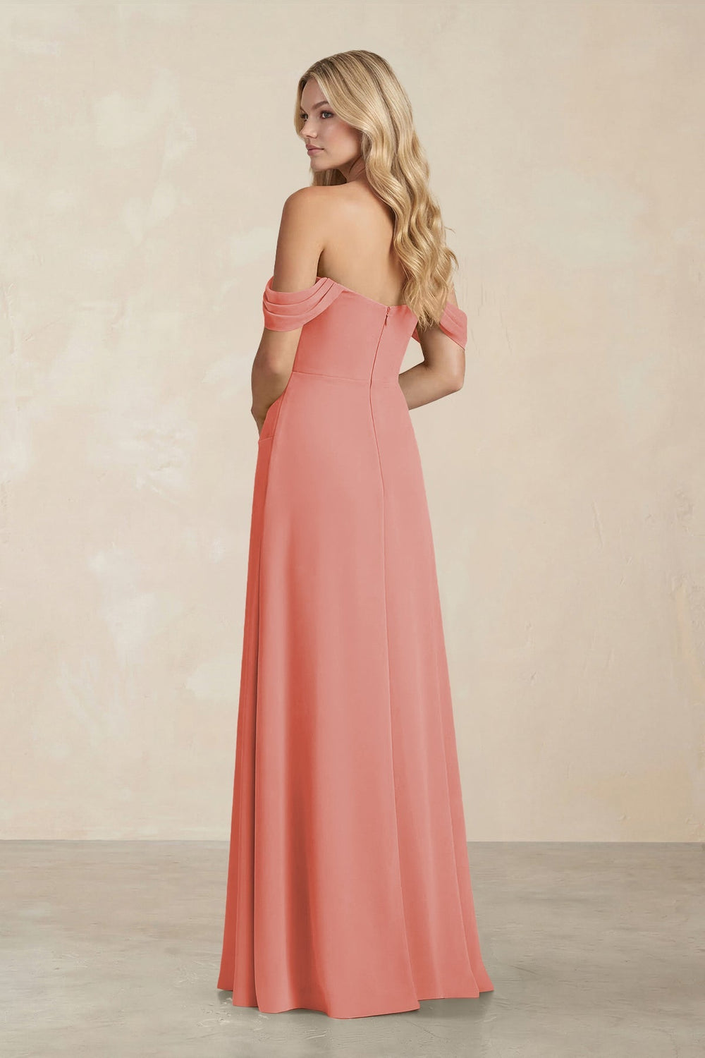 Off - the - Shoulder Corset Sheath Chiffon Bridesmaid Dress in Mulberry - KISS BRIDAL Bridesmaid Dresses