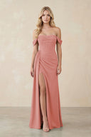 Off-the-Shoulder Corset Sheath Chiffon Bridesmaid Dress in Mulberry | KISSBRIDAL