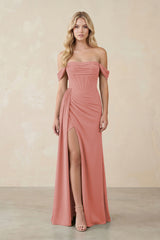 Off-the-Shoulder Corset Sheath Chiffon Bridesmaid Dress in Mulberry | KISSBRIDAL