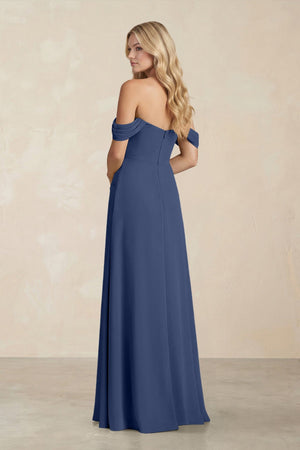 Off - the - Shoulder Corset Sheath Chiffon Bridesmaid Dress in Navy - SHE IS ME Bridesmaid Dresses