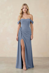 Off - the - Shoulder Corset Sheath Chiffon Bridesmaid Dress in Neptune - KISS BRIDAL Bridesmaid Dresses