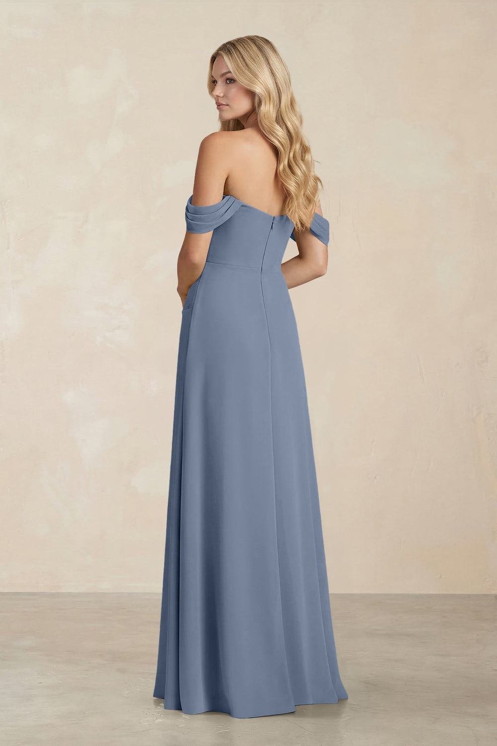 Off - the - Shoulder Corset Sheath Chiffon Bridesmaid Dress in Neptune - KISS BRIDAL Bridesmaid Dresses