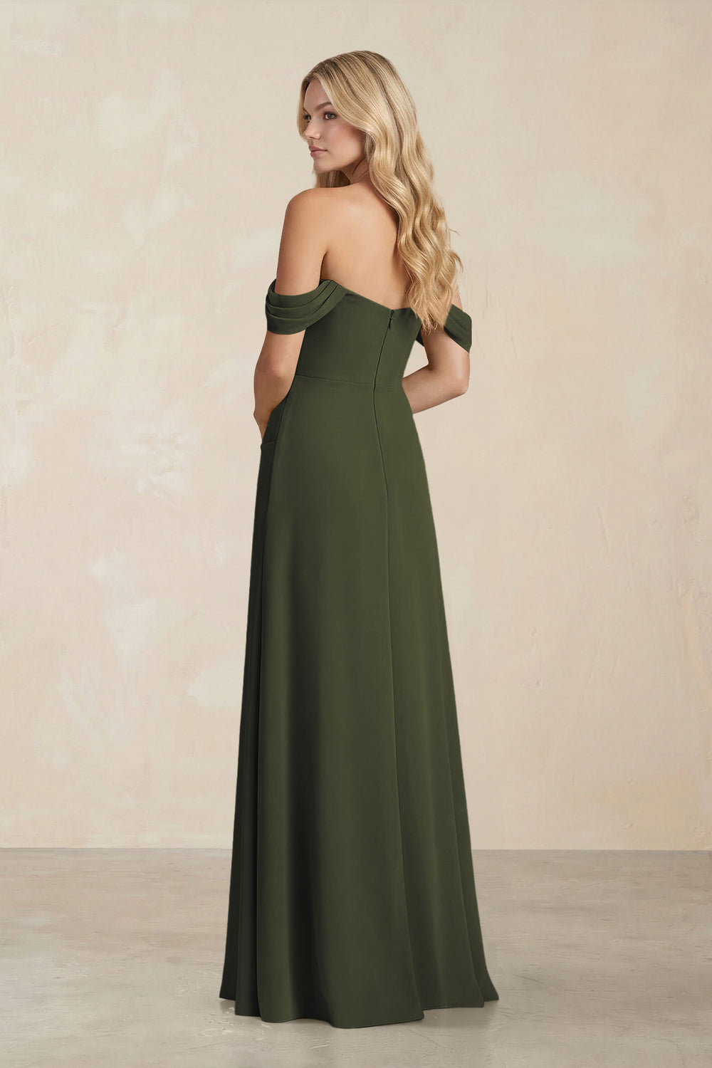 Off-the-Shoulder Corset Sheath Chiffon Bridesmaid Dress in Olive