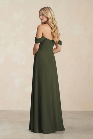 Off-the-Shoulder Corset Sheath Chiffon Bridesmaid Dress in Olive (2) | KISSBRIDAL