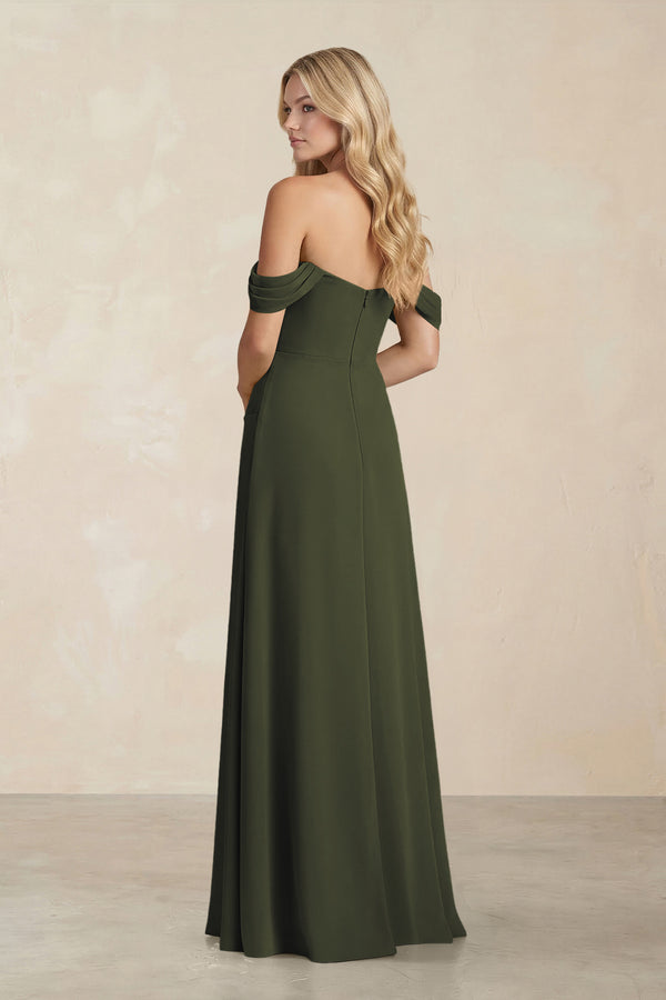 Off-the-Shoulder Corset Sheath Chiffon Bridesmaid Dress in Olive (2) | KISSBRIDAL