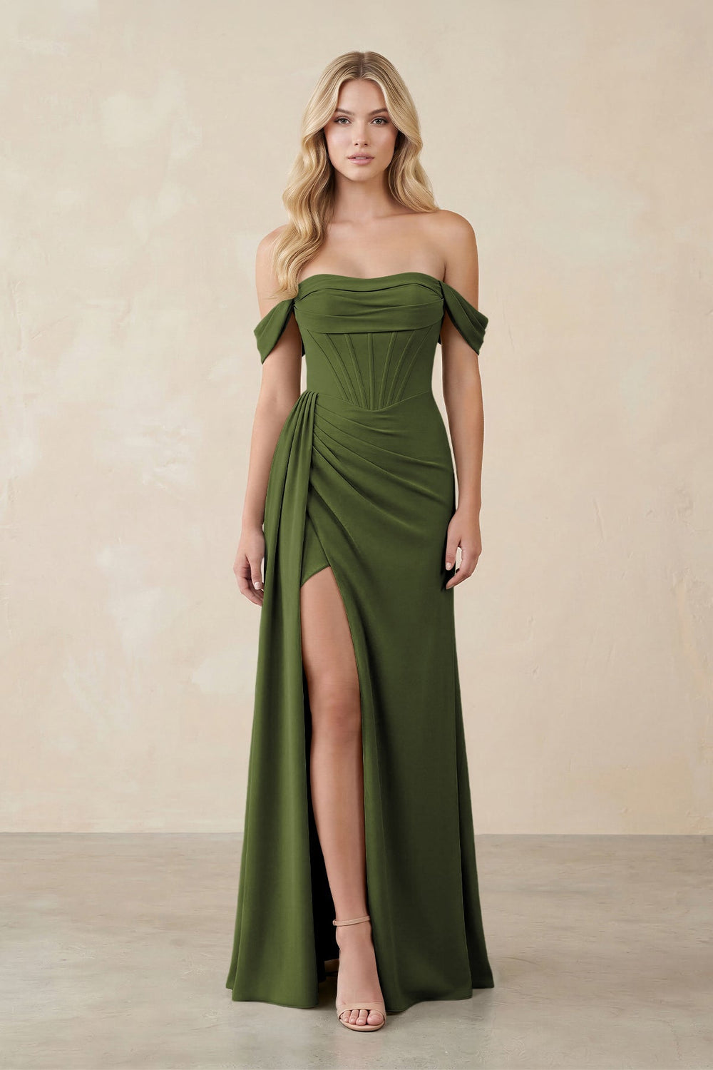 Off - the - Shoulder Corset Sheath Chiffon Bridesmaid Dress in Olive - KISS BRIDAL Bridesmaid Dresses