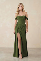 Off - the - Shoulder Corset Sheath Chiffon Bridesmaid Dress in Olive - KISS BRIDAL Bridesmaid Dresses