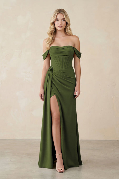 Off - the - Shoulder Corset Sheath Chiffon Bridesmaid Dress in Olive - SHE IS ME Bridesmaid Dresses